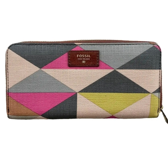 Fossil Women's Geometric Pink Gray Tan Wallet - Picture 1 of 4